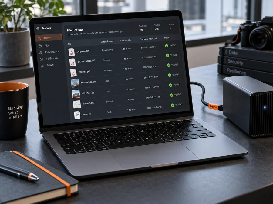 Concept photograph of file backups with parent-record relationships and checksum verification