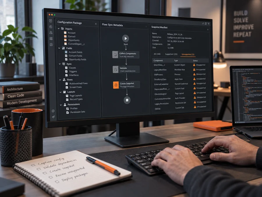 Concept photograph of a configuration snapshot containing objects, fields, code, flows and permissions